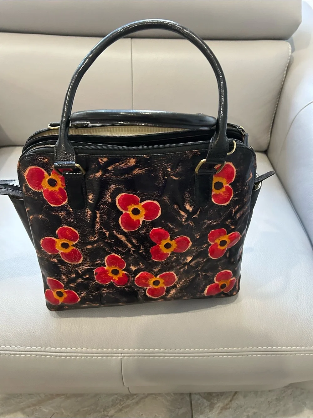 Hand-Painted Floral Black Leather Tote Bag - Red Flower Accent
